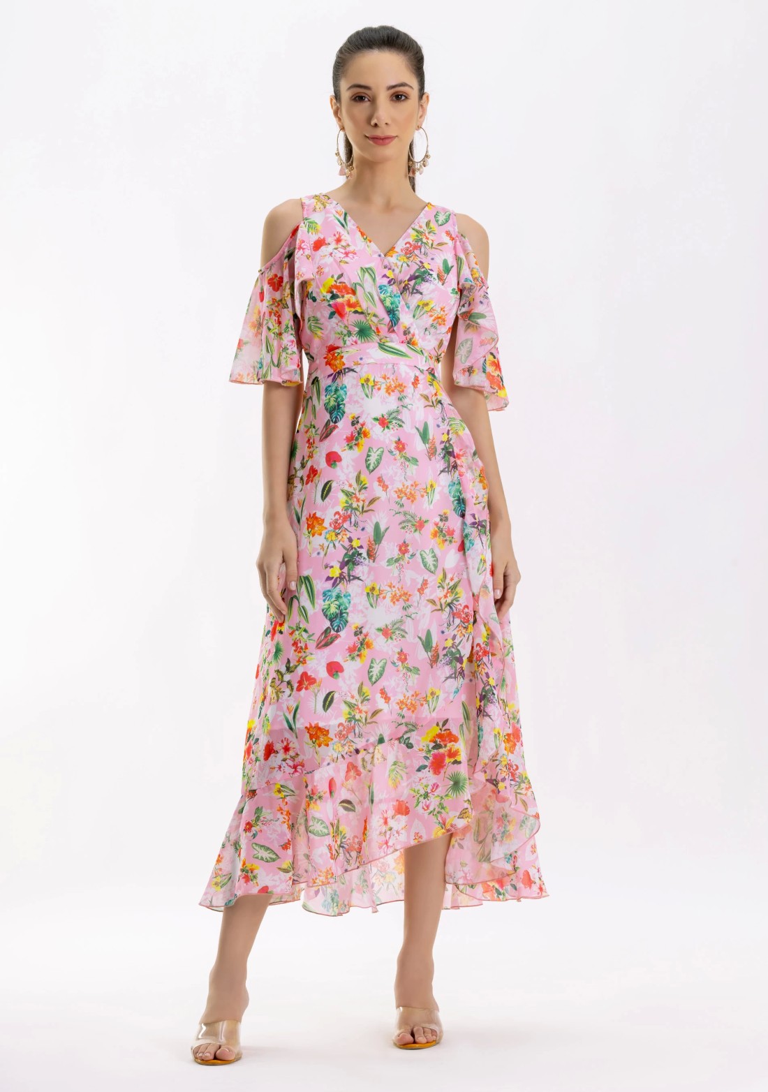 Pink Tropical Print Georgette Flared Long Dress