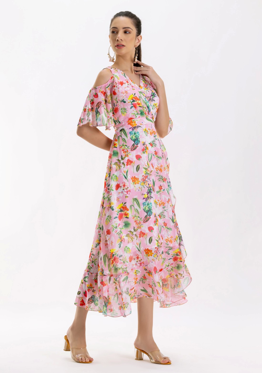 Pink Tropical Print Georgette Flared Long Dress