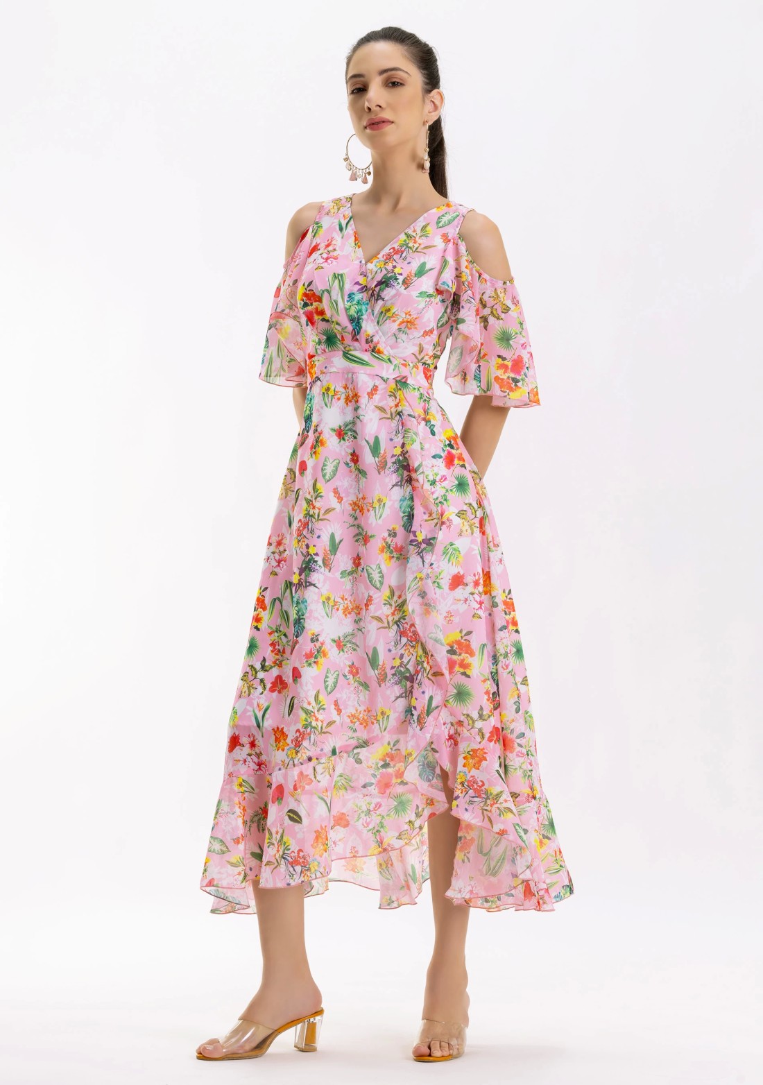 Pink Tropical Print Georgette Flared Long Dress