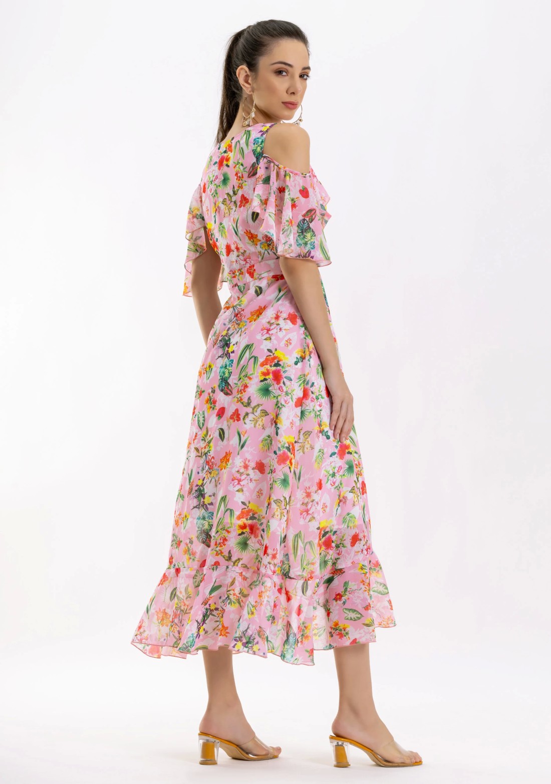 Pink Tropical Print Georgette Flared Long Dress