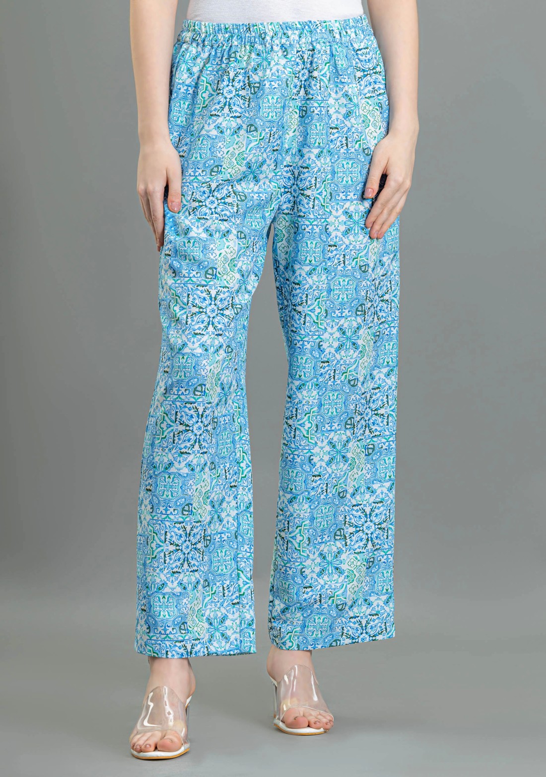 Blue Ethnic Print Rayon Palazzo Pants