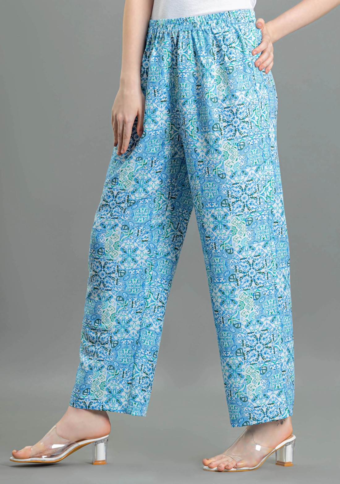 Blue Ethnic Print Rayon Palazzo Pants