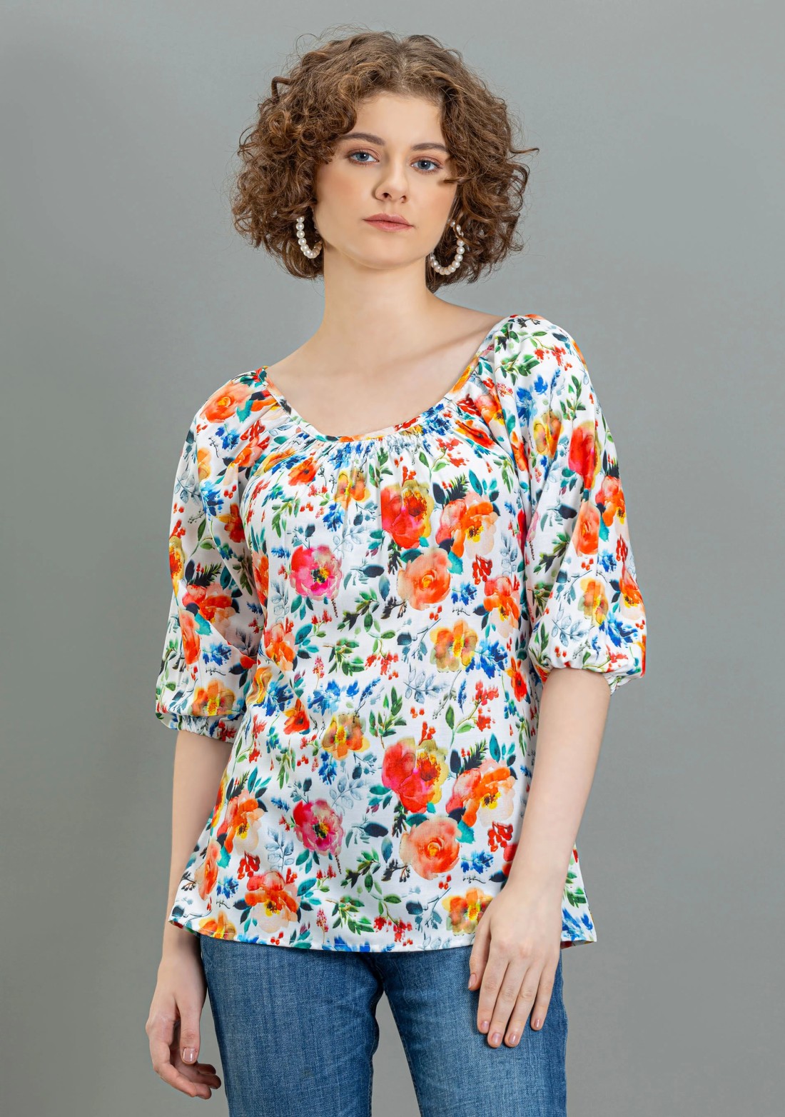 Multi Colour Floral Print Rayon A-Line Top