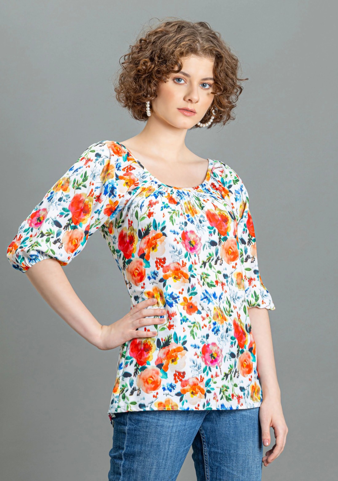 Multi Colour Floral Print Rayon A-Line Top