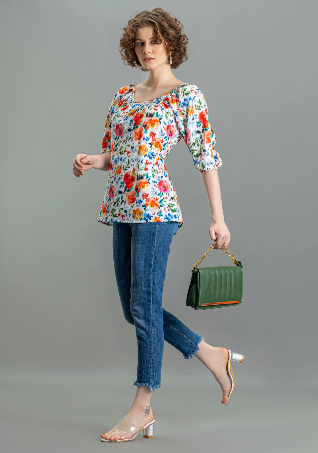 Multi Colour Floral Print Rayon A-Line Top