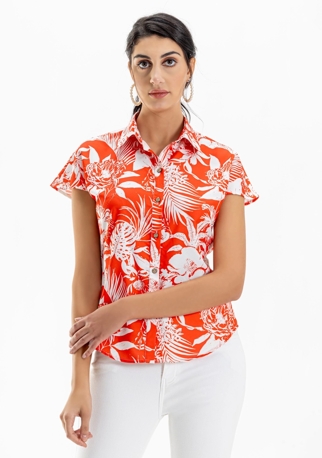 Orange Tropical Print Drop Shoulder Shirt