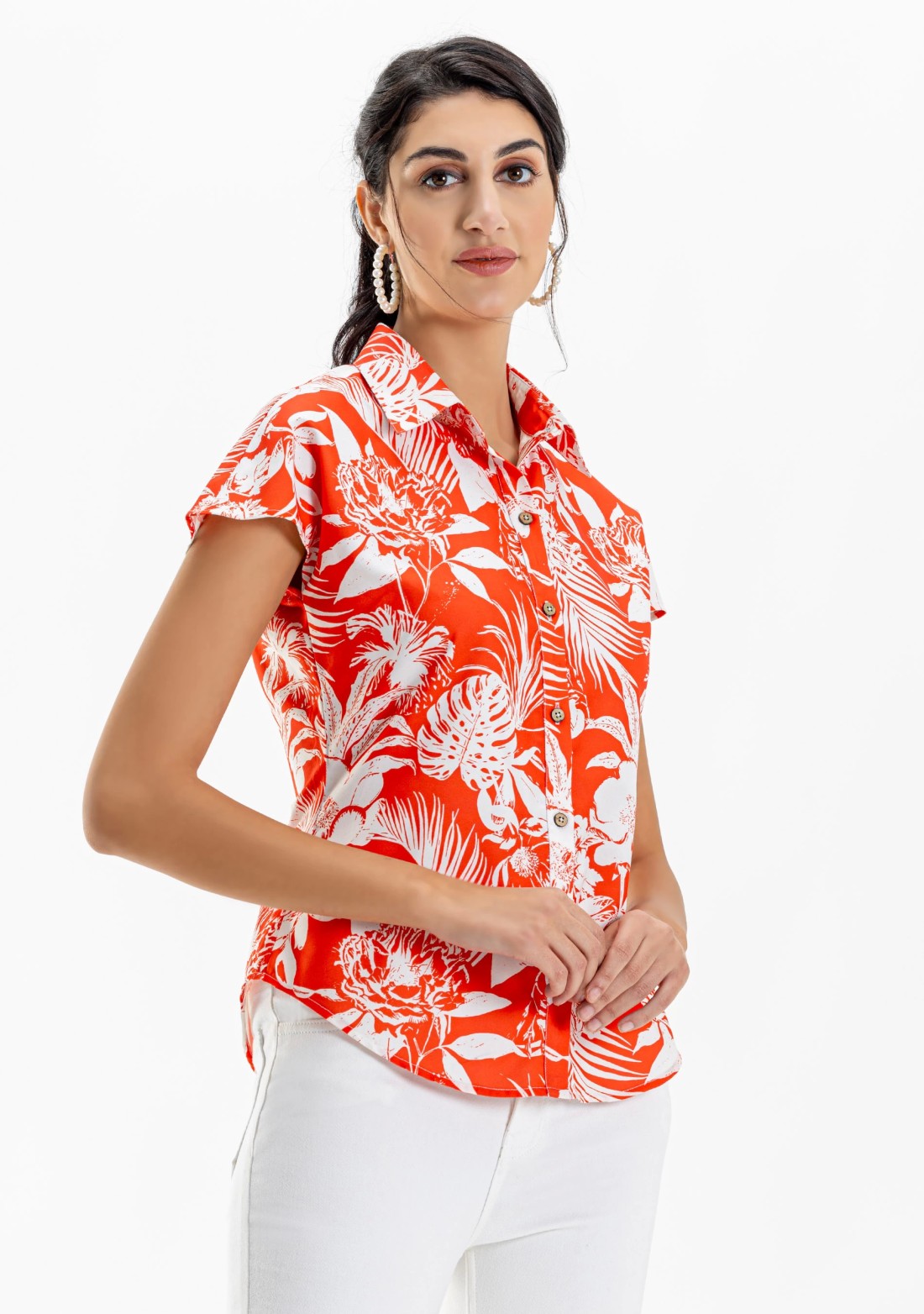 Orange Tropical Print Drop Shoulder Shirt