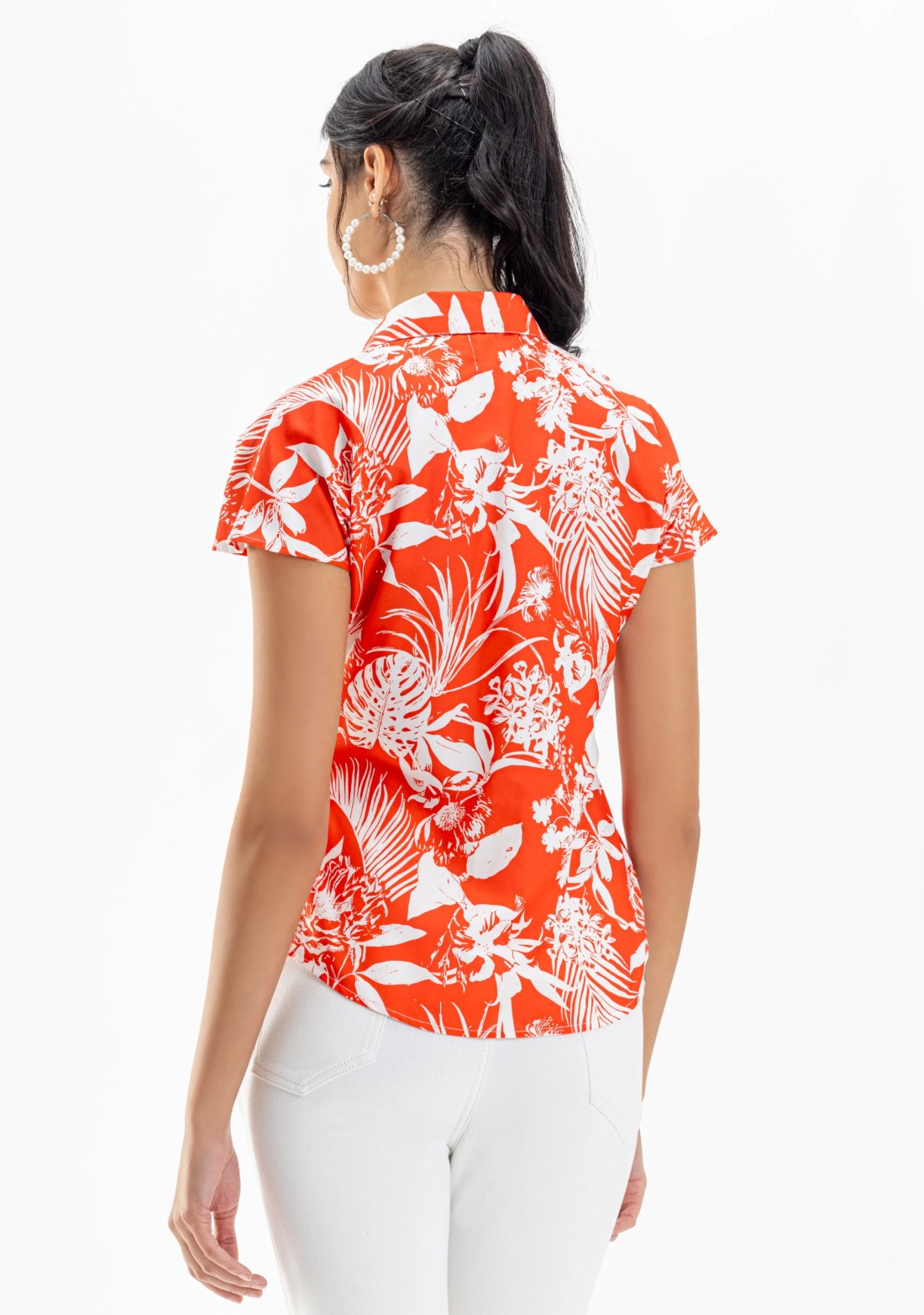 Orange Tropical Print Drop Shoulder Shirt