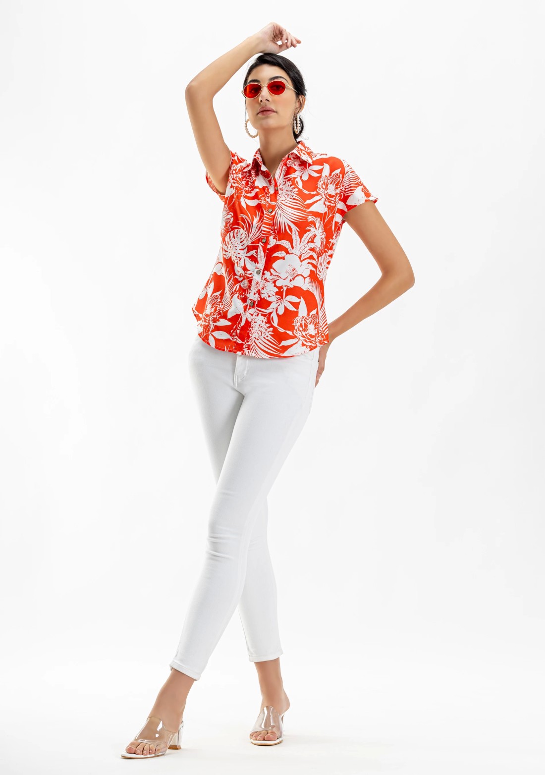 Orange Tropical Print Drop Shoulder Shirt