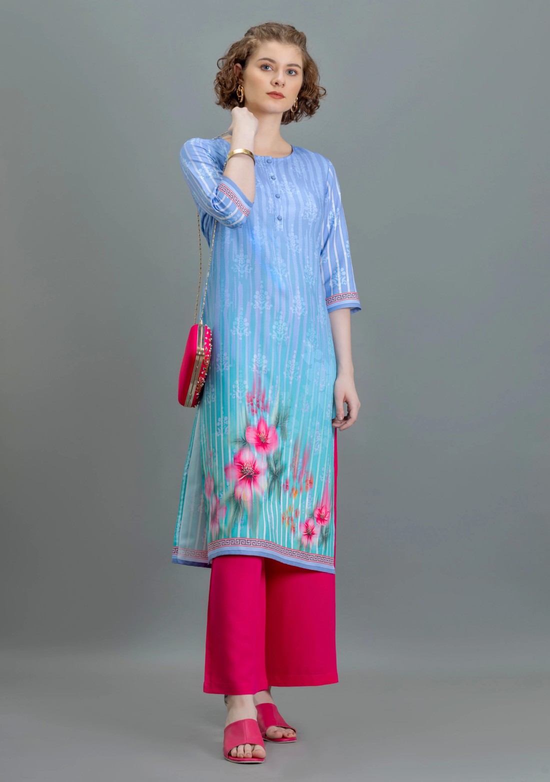 Multi Colour Floral Print Rayon Straight Kurta