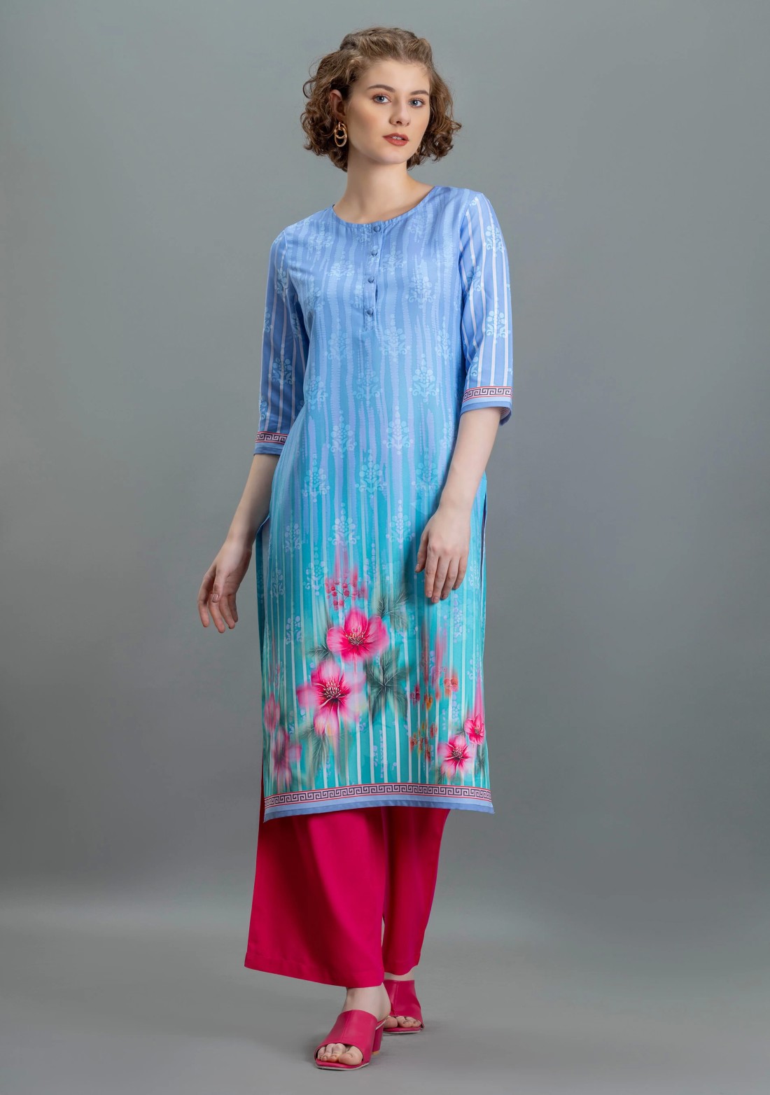 Multi Colour Floral Print Rayon Straight Kurta