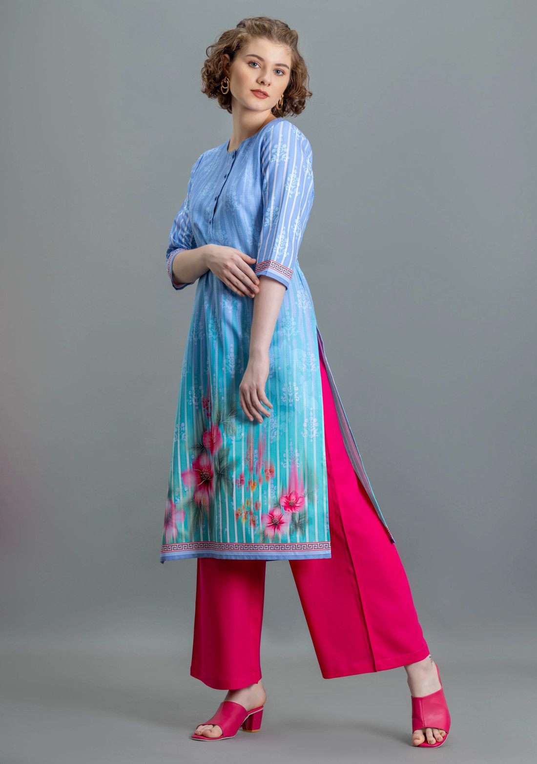 Multi Colour Floral Print Rayon Straight Kurta