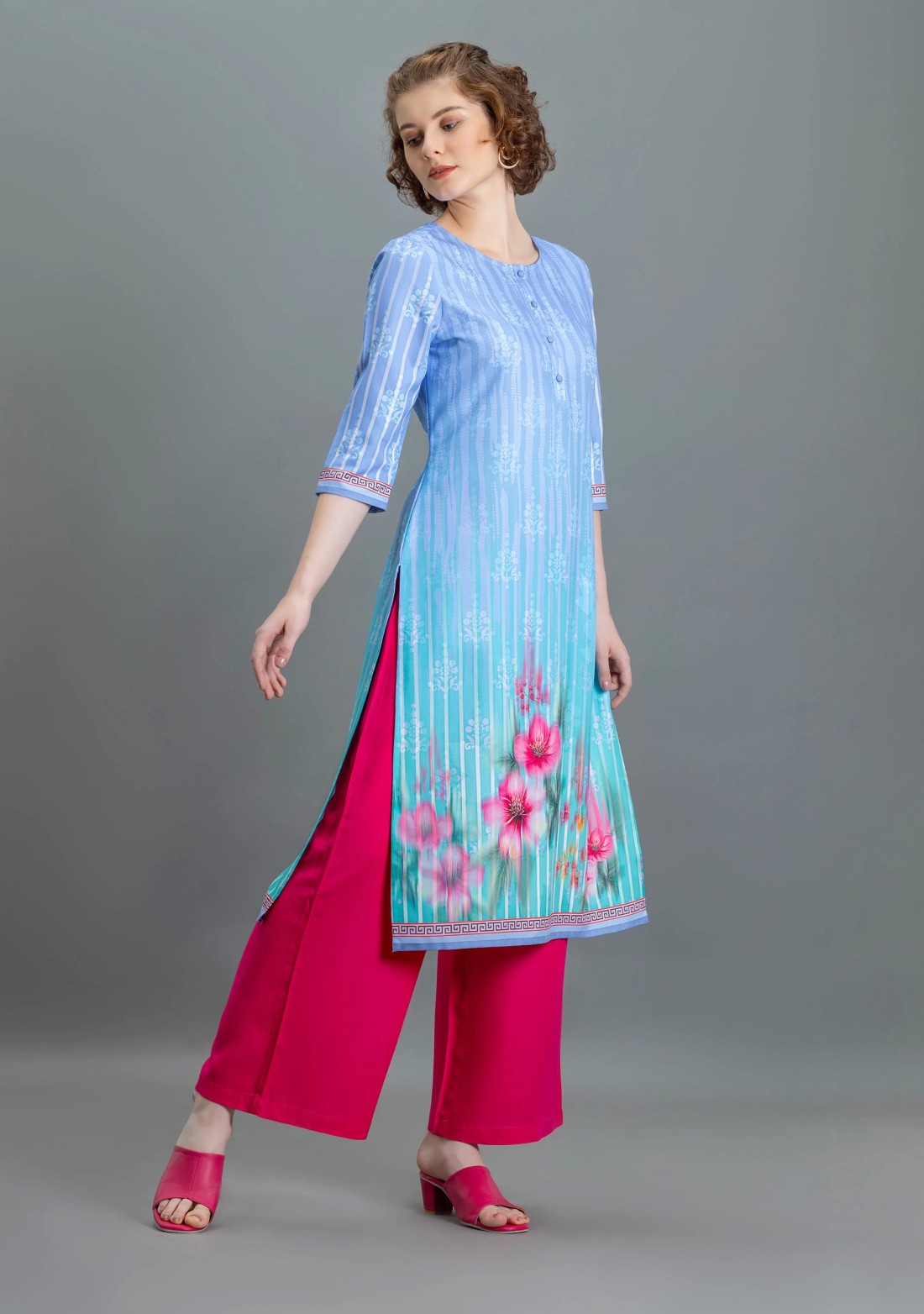 Multi Colour Floral Print Rayon Straight Kurta