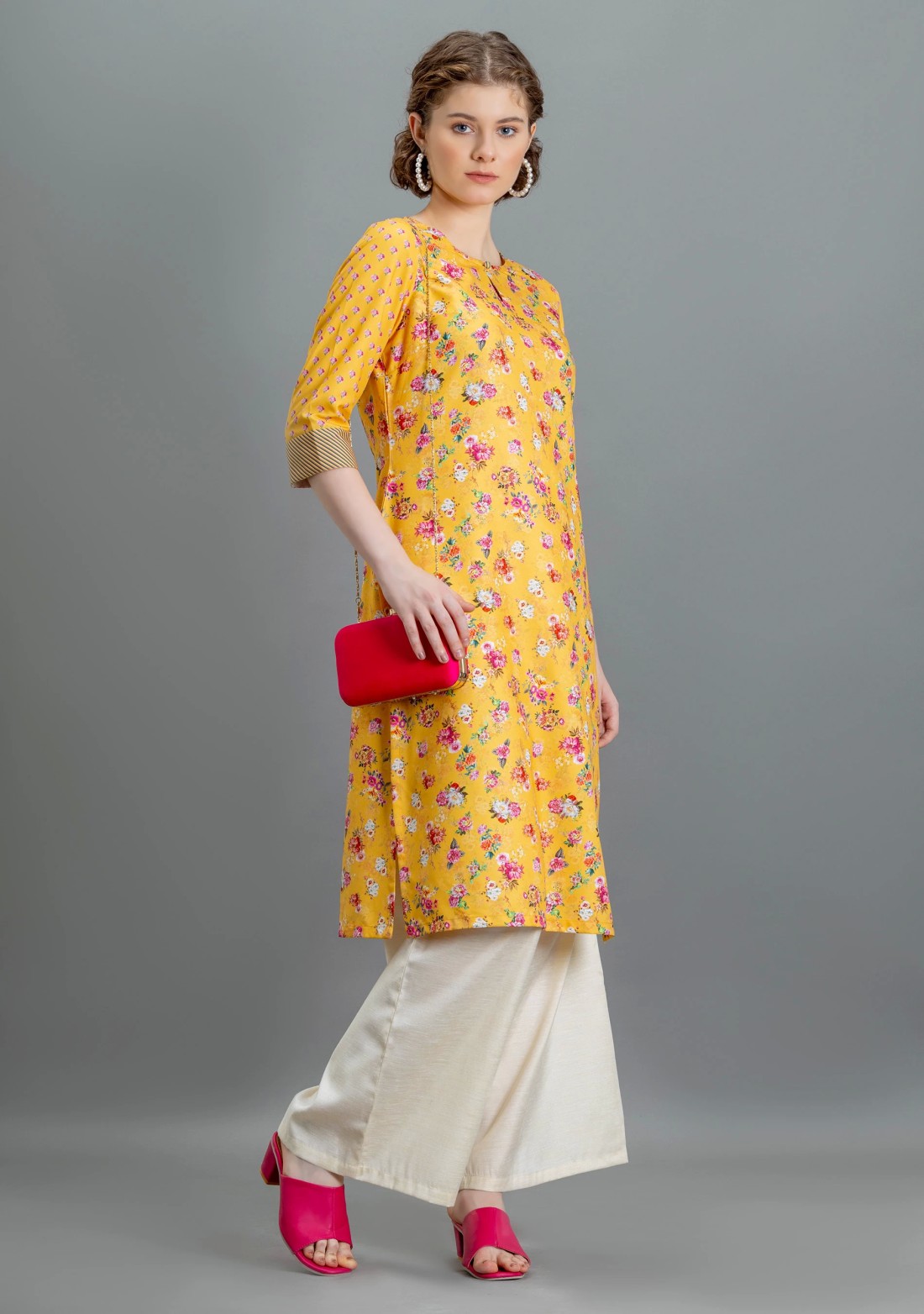 Yellow Floral Print Rayon Straight Kurta