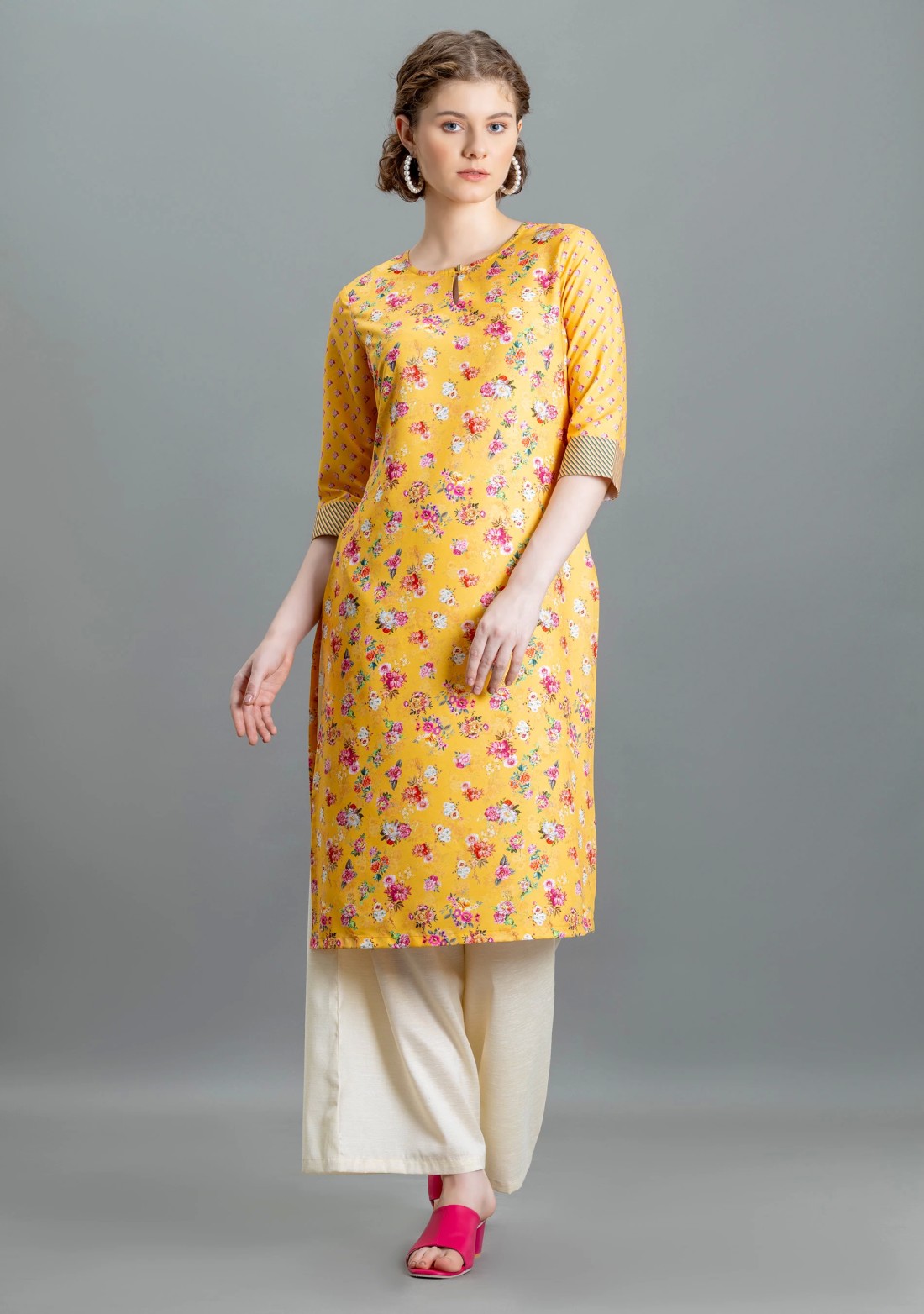 Yellow Floral Print Rayon Straight Kurta