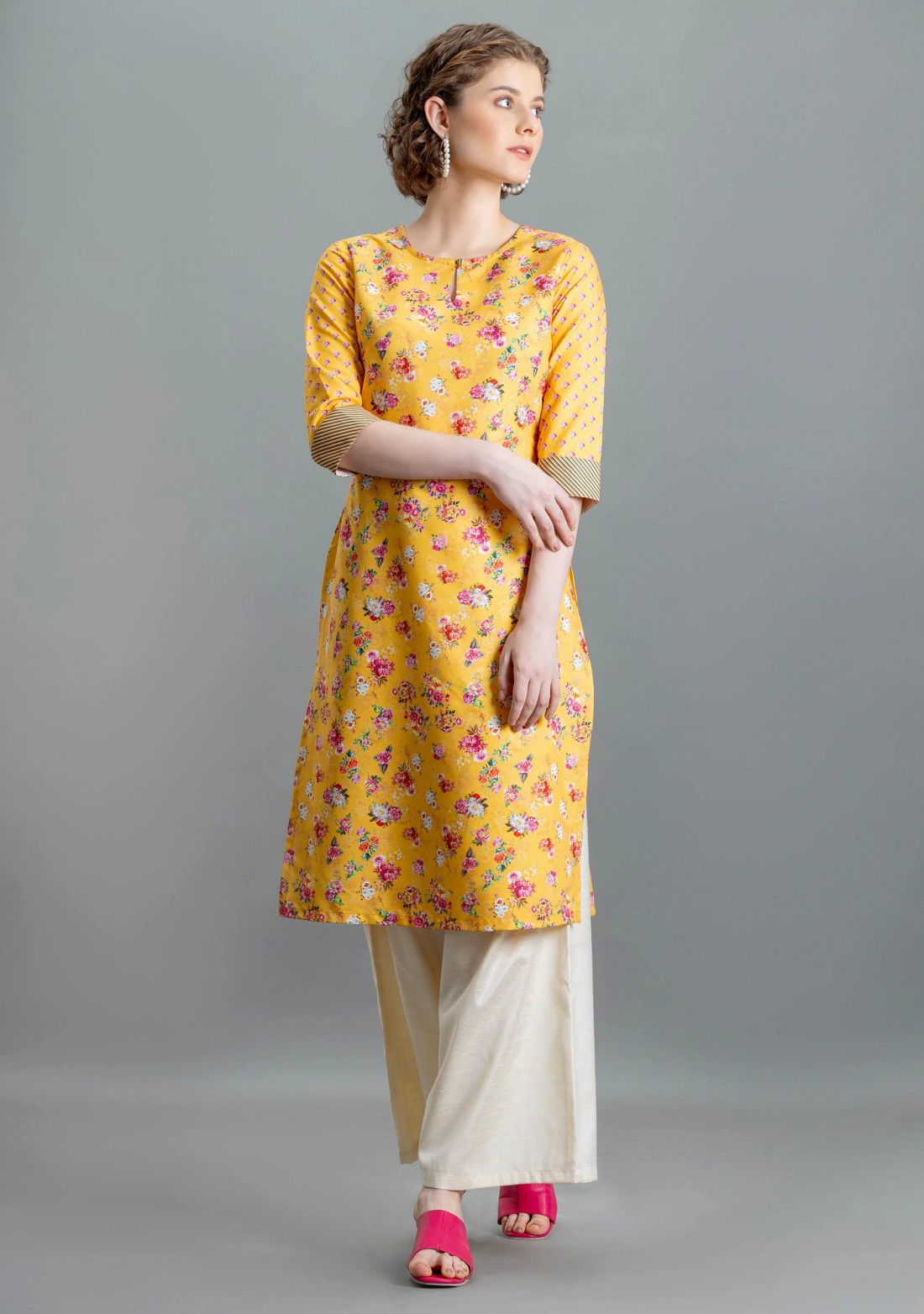 Yellow Floral Print Rayon Straight Kurta