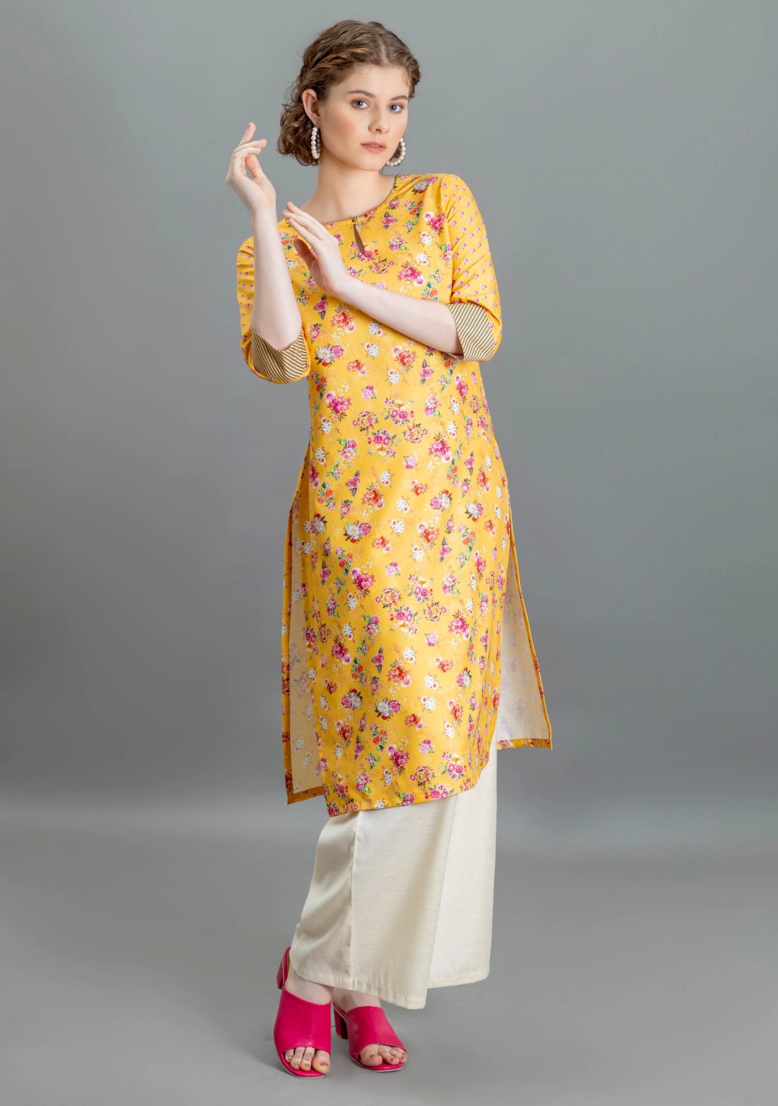 Yellow Floral Print Rayon Straight Kurta