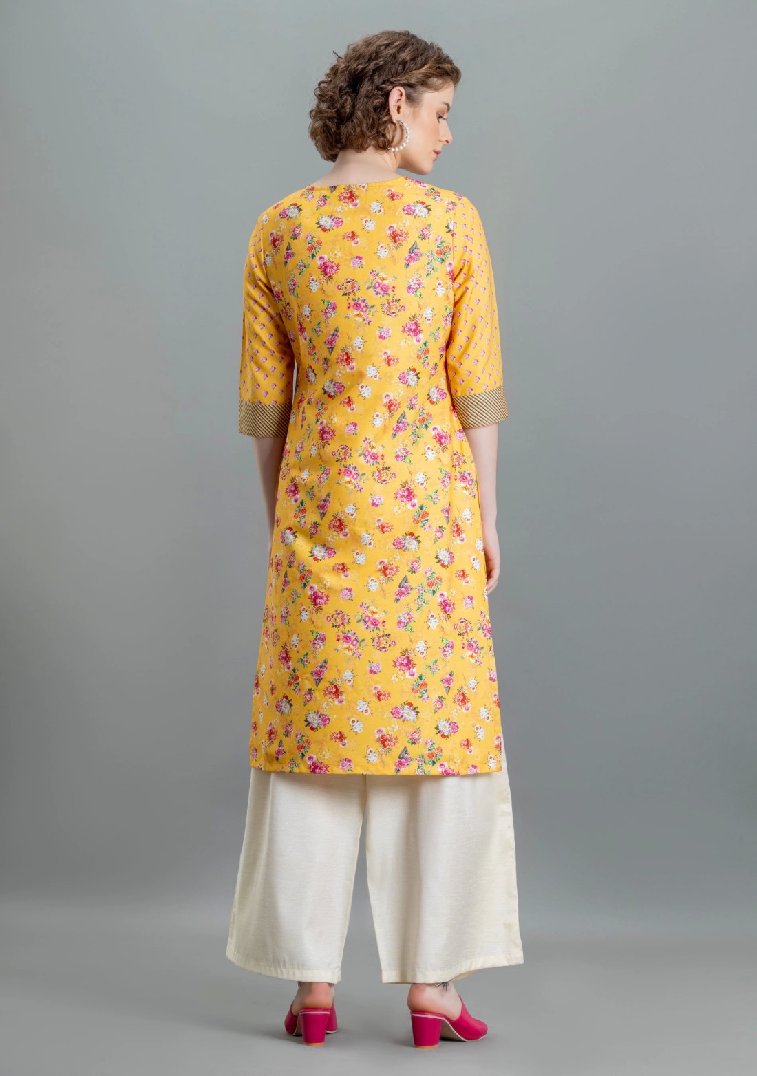 Yellow Floral Print Rayon Straight Kurta