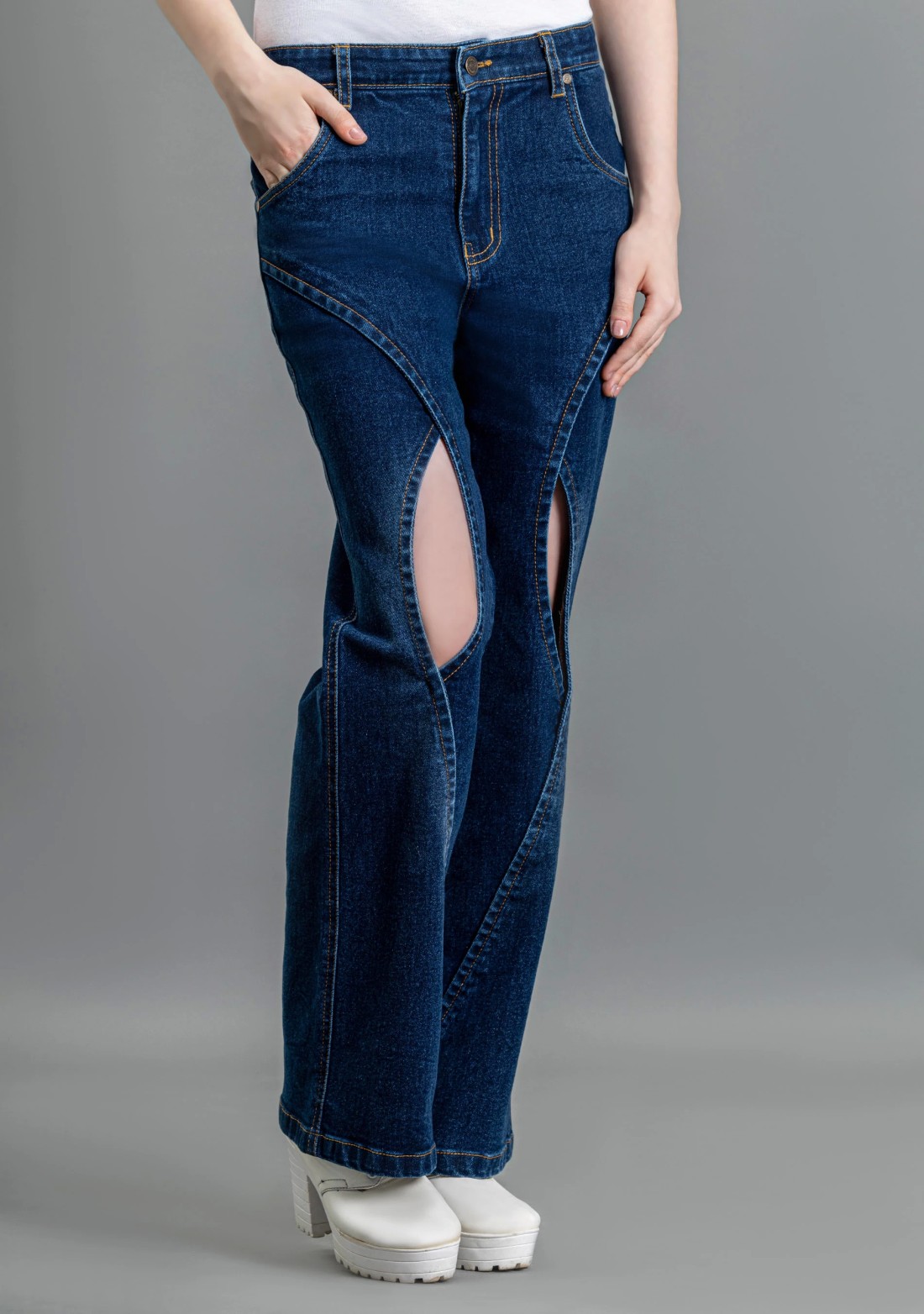 Blue Wide Leg Cross Panel Thigh Open Women's Jeans