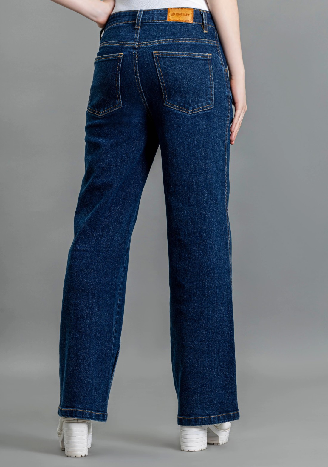 Blue Wide Leg Cross Panel Thigh Open Women's Jeans