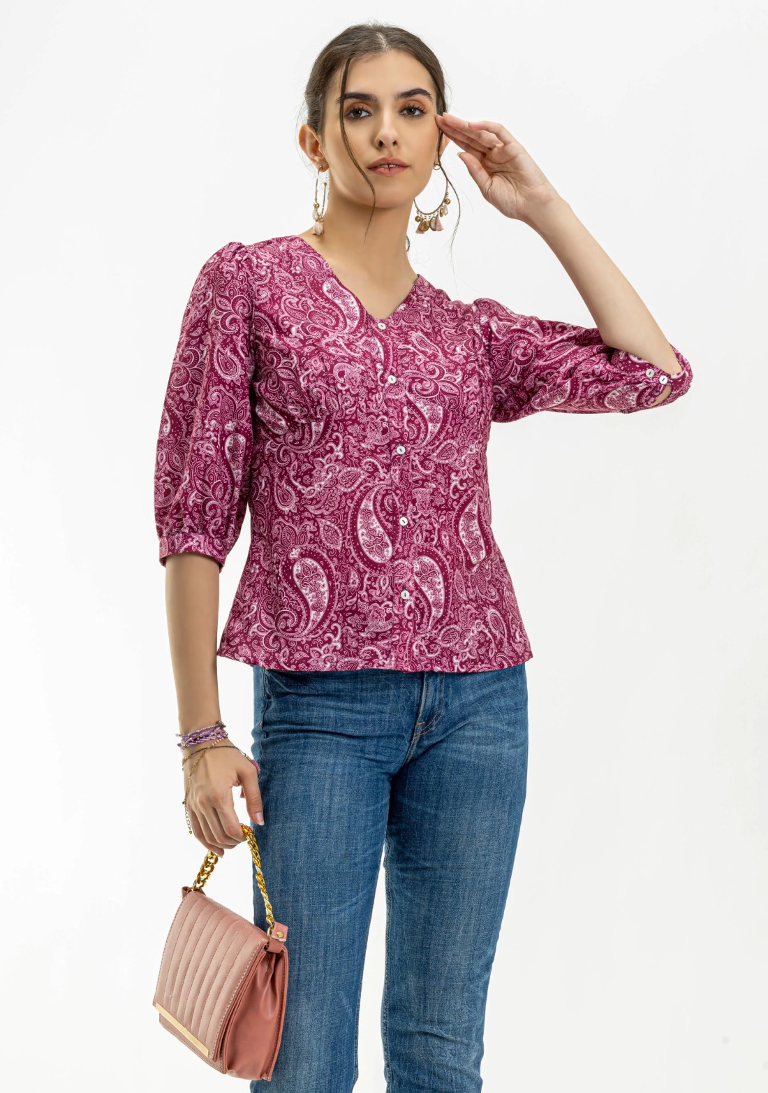 Plum Paisley Print Rayon Button Down Top