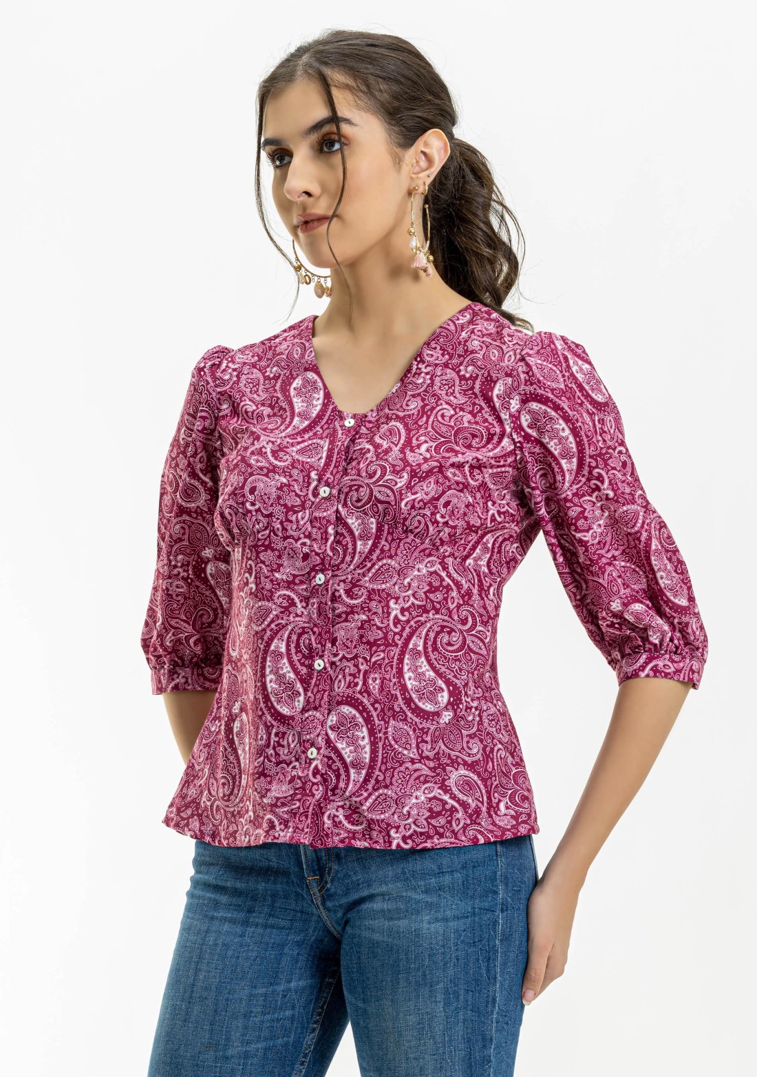 Plum Paisley Print Rayon Button Down Top