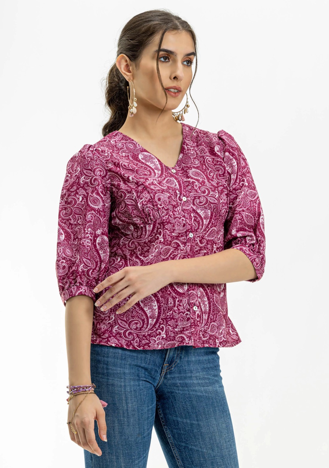 Plum Paisley Print Rayon Button Down Top