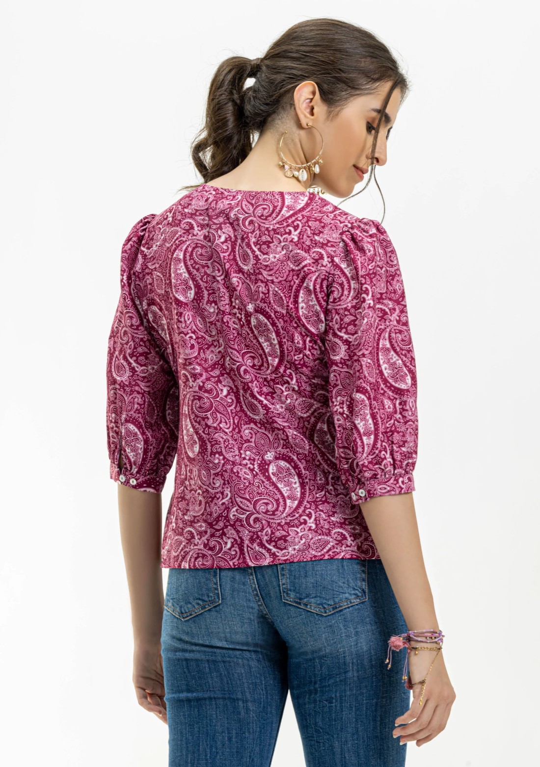 Plum Paisley Print Rayon Button Down Top