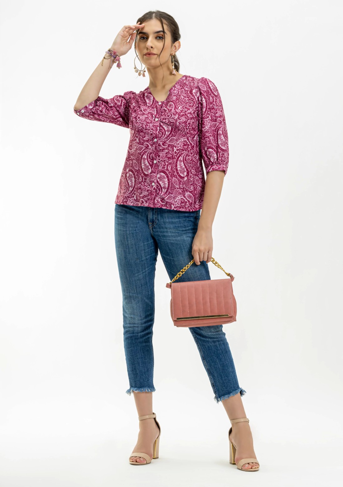 Plum Paisley Print Rayon Button Down Top