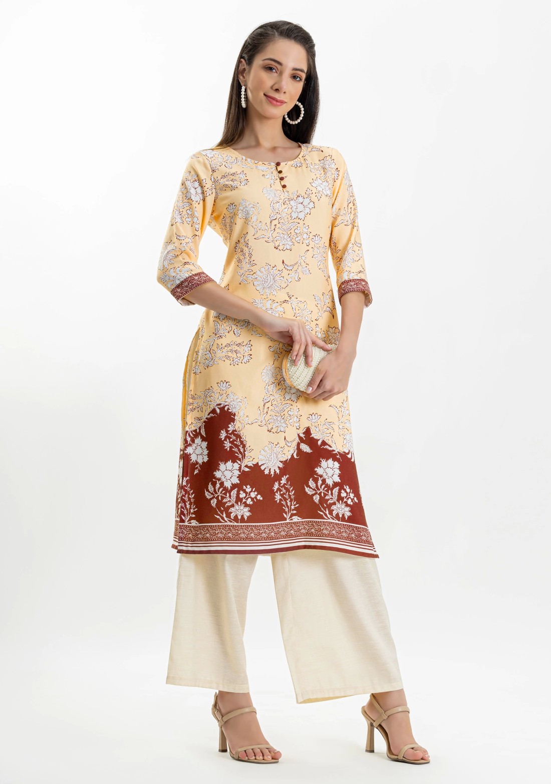 Cream and Brown Floral Print Rayon Kurta