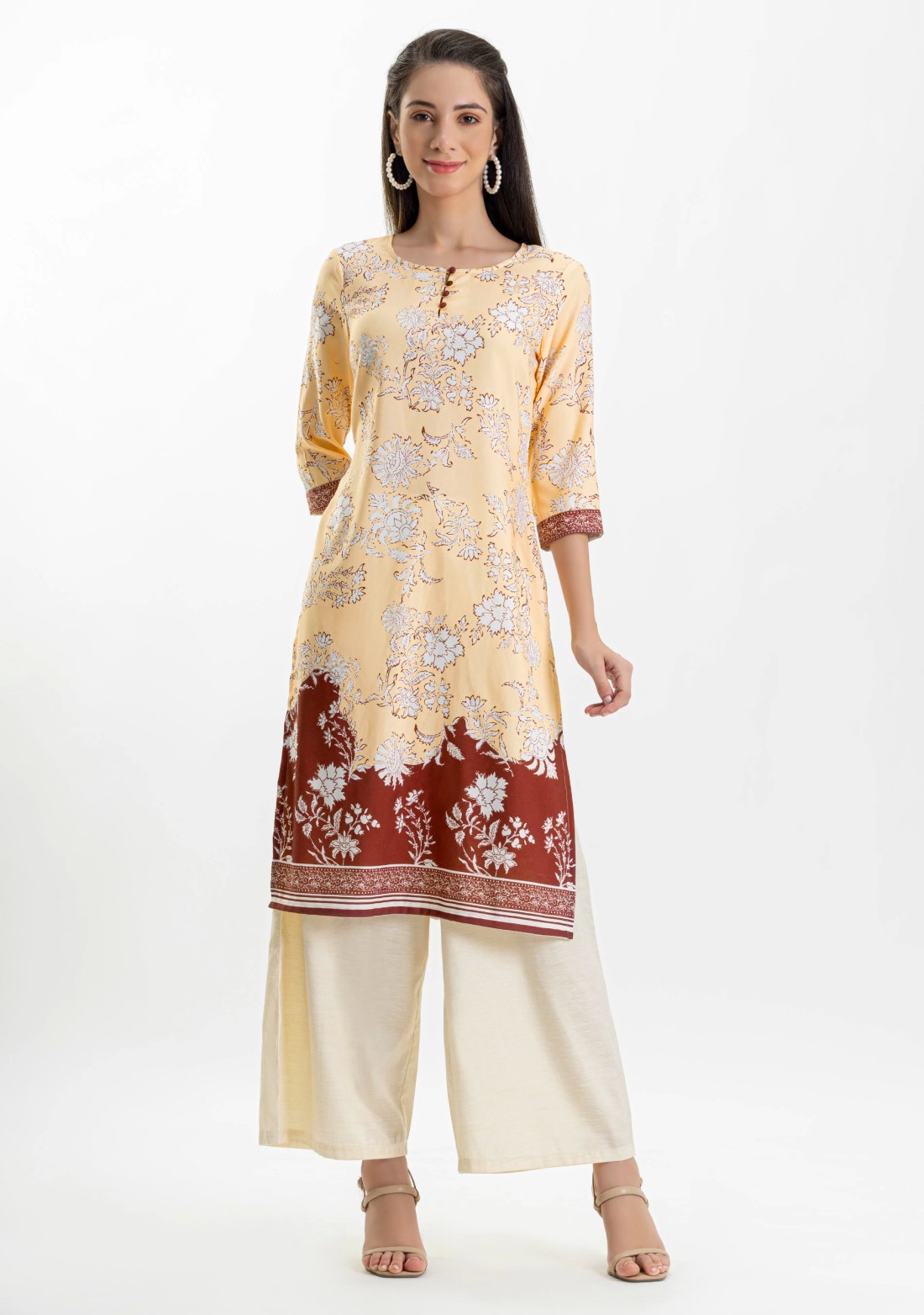 Cream and Brown Floral Print Rayon Kurta