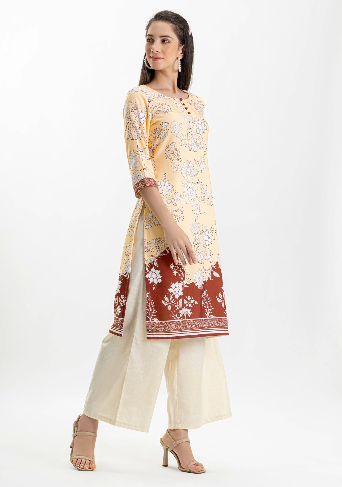 Cream and Brown Floral Print Rayon Kurta