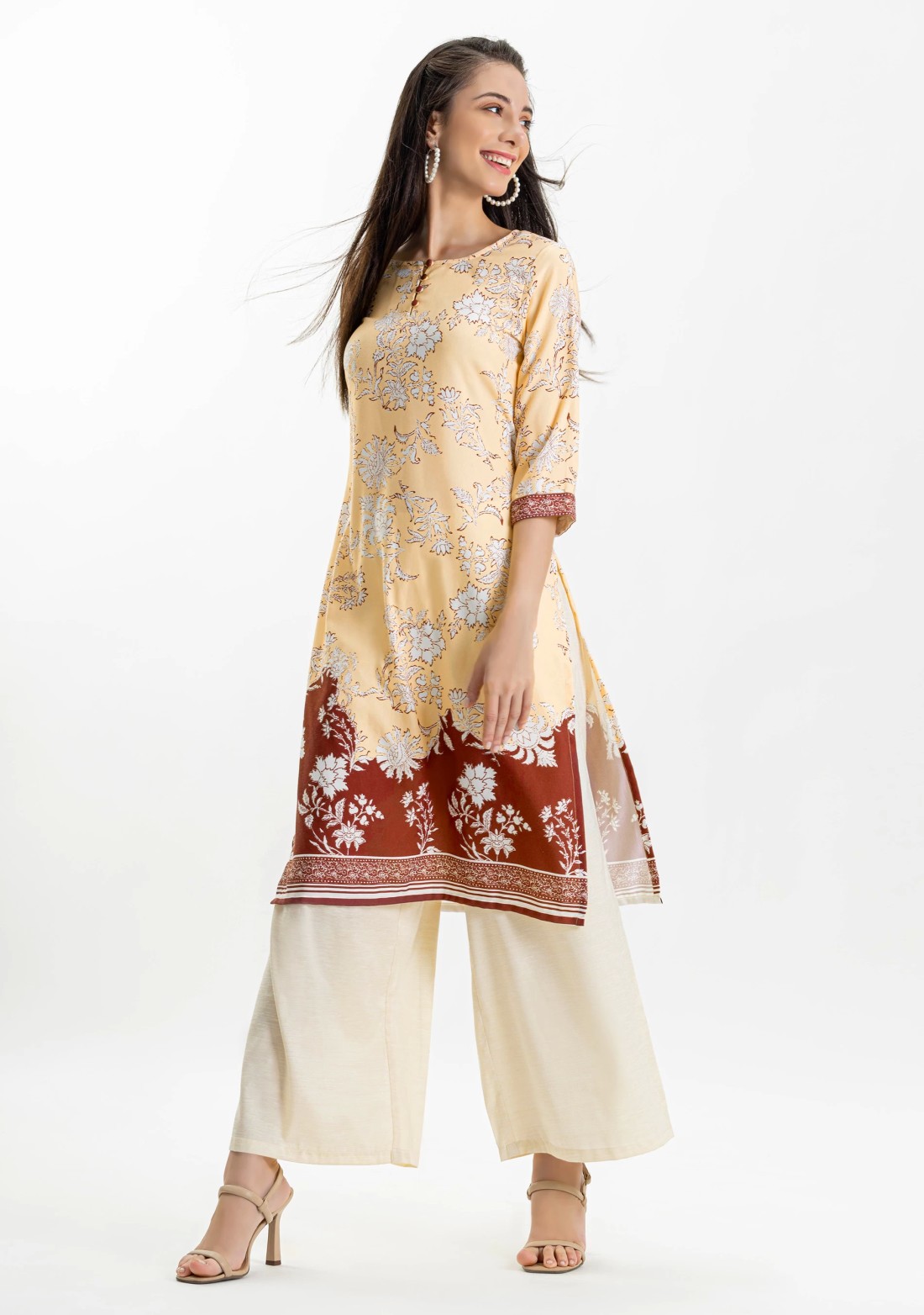 Cream and Brown Floral Print Rayon Kurta