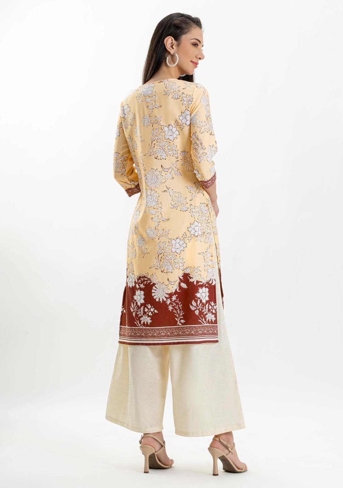 Cream and Brown Floral Print Rayon Kurta