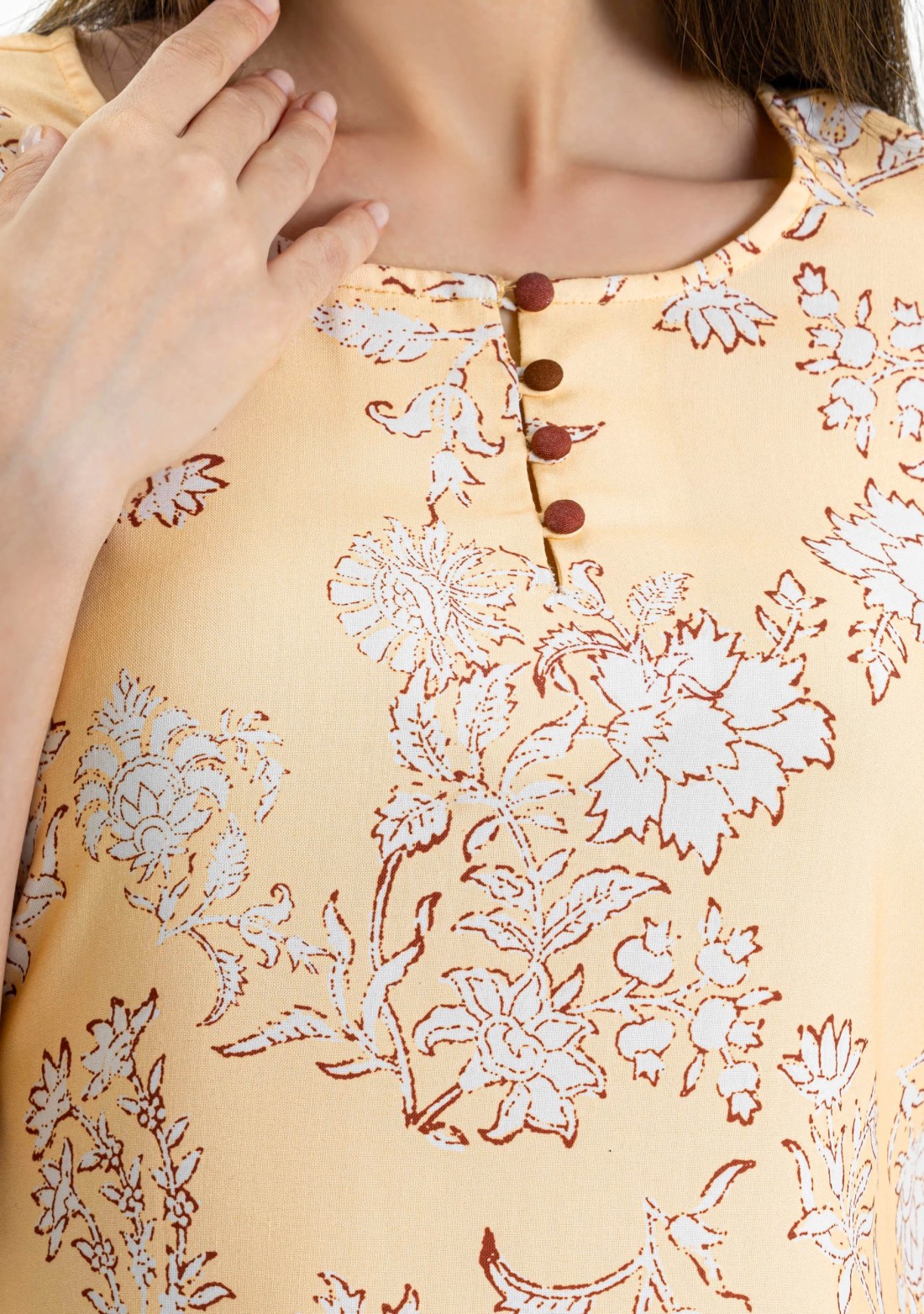 Cream and Brown Floral Print Rayon Kurta