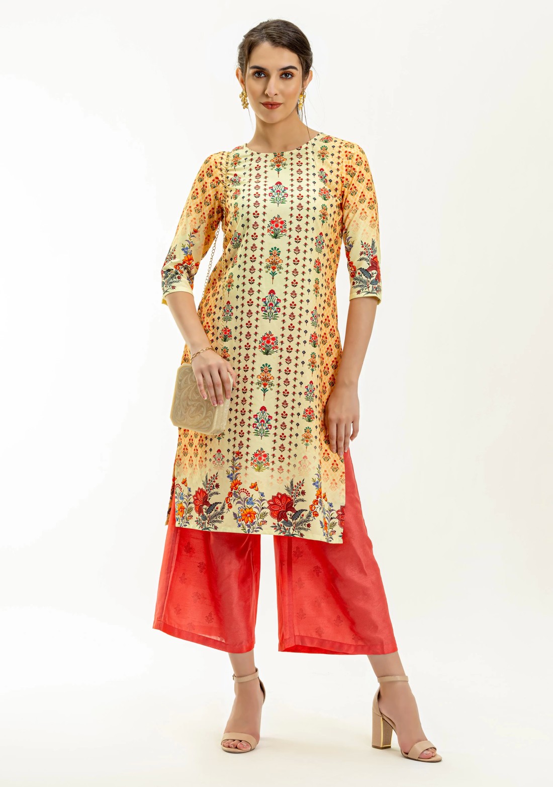 Cream Ethnic Print Rayon Straight Kurta