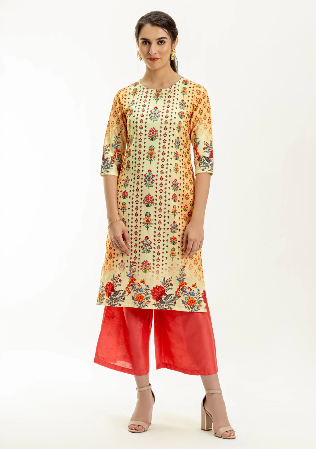 Cream Ethnic Print Rayon Straight Kurta