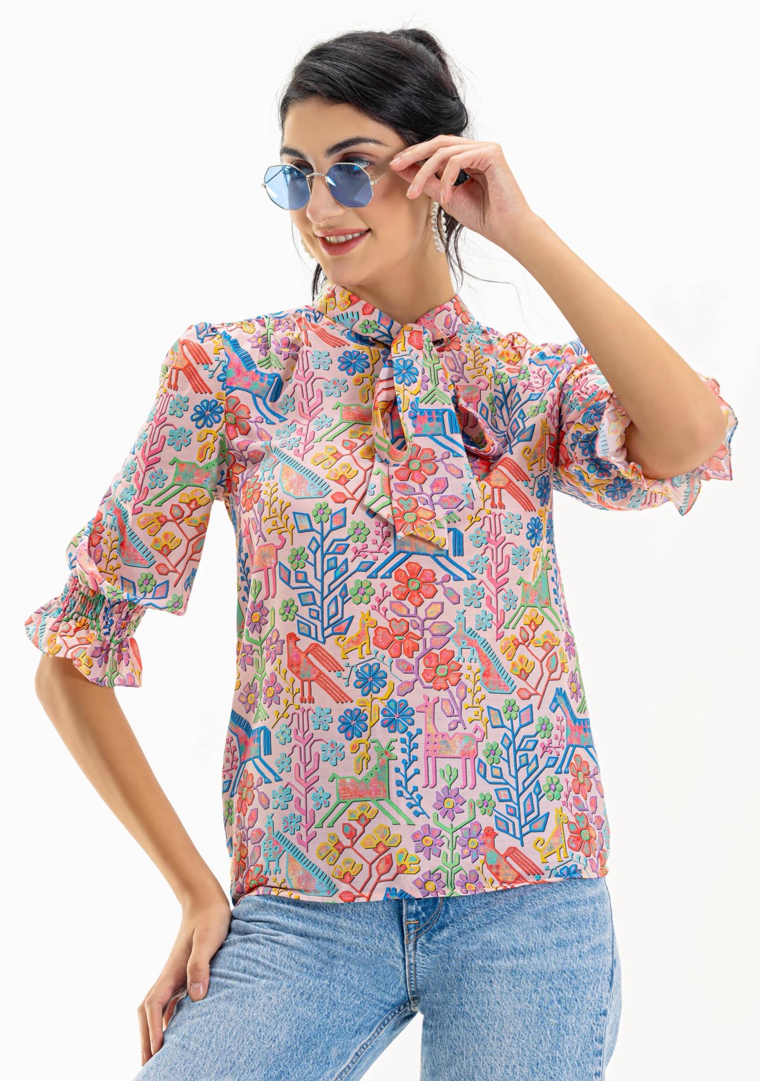 Multi Colour Printed Muslin Tie Neck Top