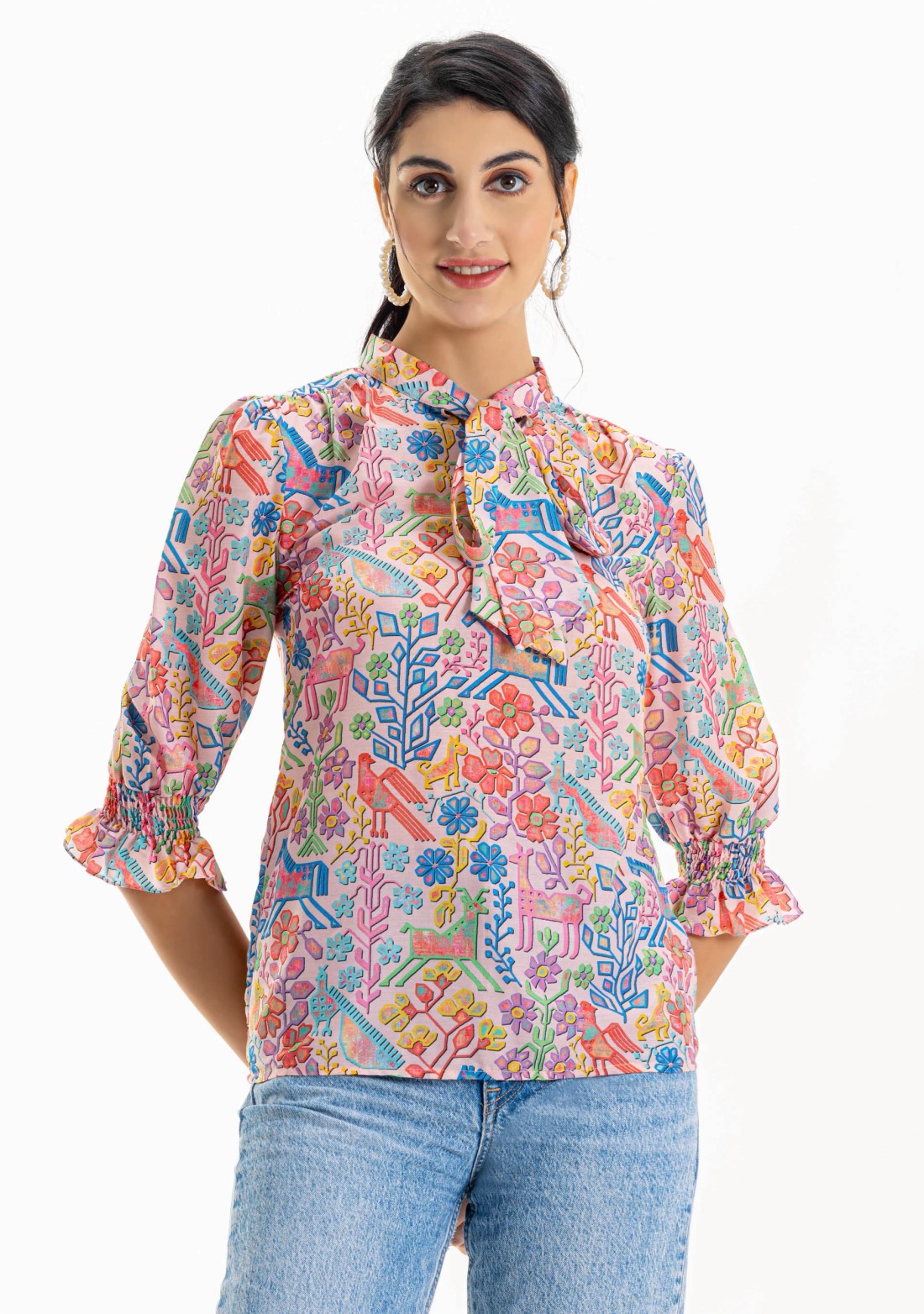 Multi Colour Printed Muslin Tie Neck Top