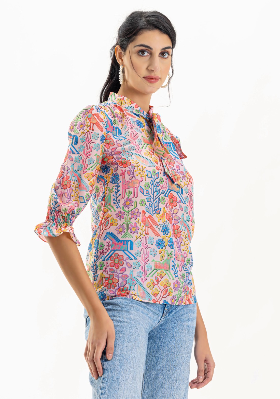 Multi Colour Printed Muslin Tie Neck Top