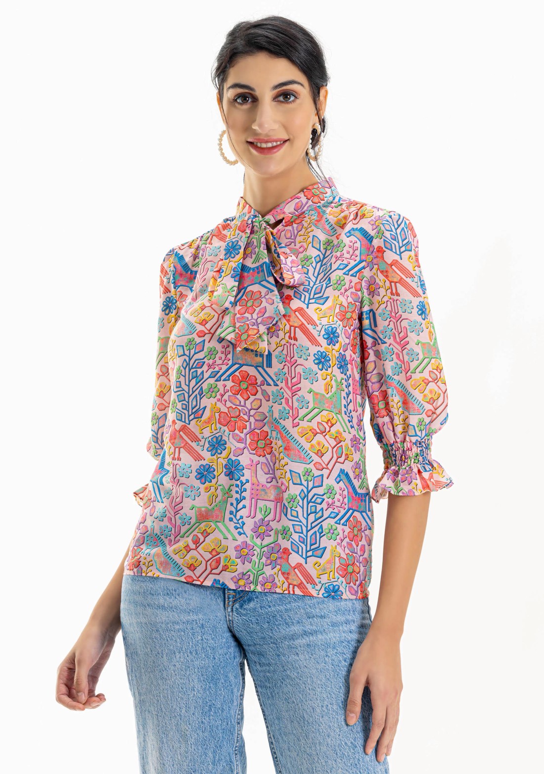 Multi Colour Printed Muslin Tie Neck Top