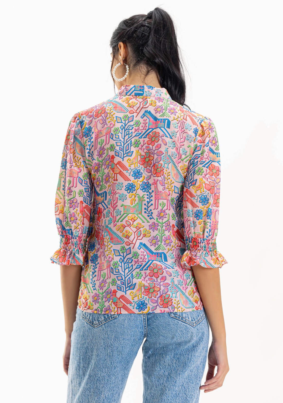 Multi Colour Printed Muslin Tie Neck Top