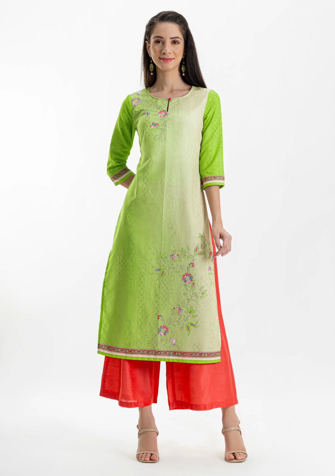 Light Green Ethnic Print Rayon Straight Kurta