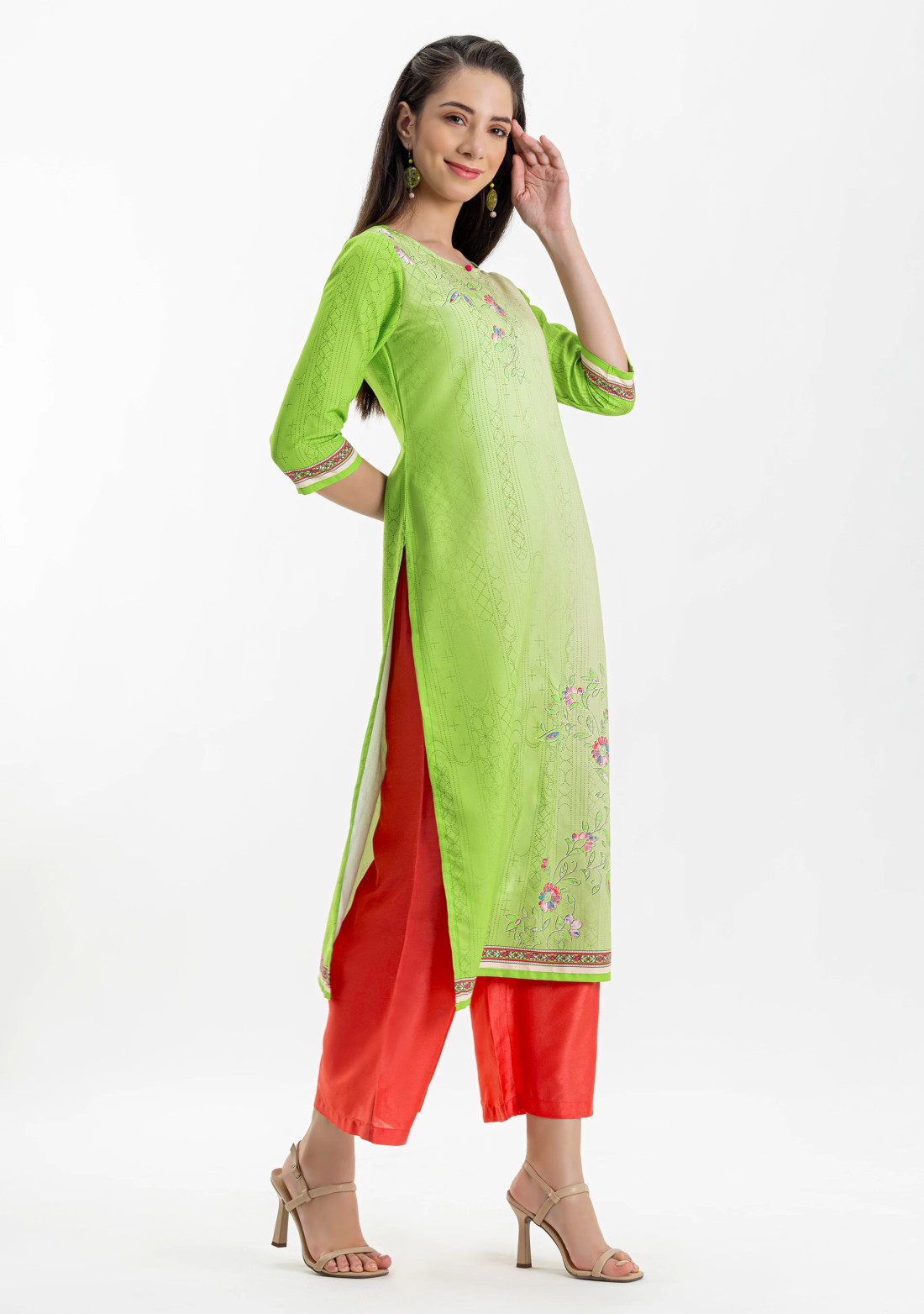 Light Green Ethnic Print Rayon Straight Kurta