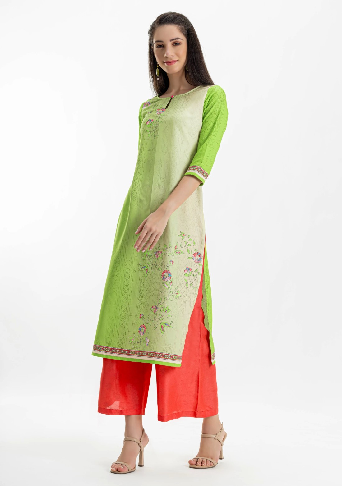 Light Green Ethnic Print Rayon Straight Kurta