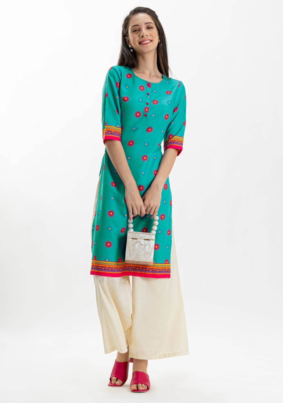 Turquoise Blue Ethnic Print Rayon Straight Kurti