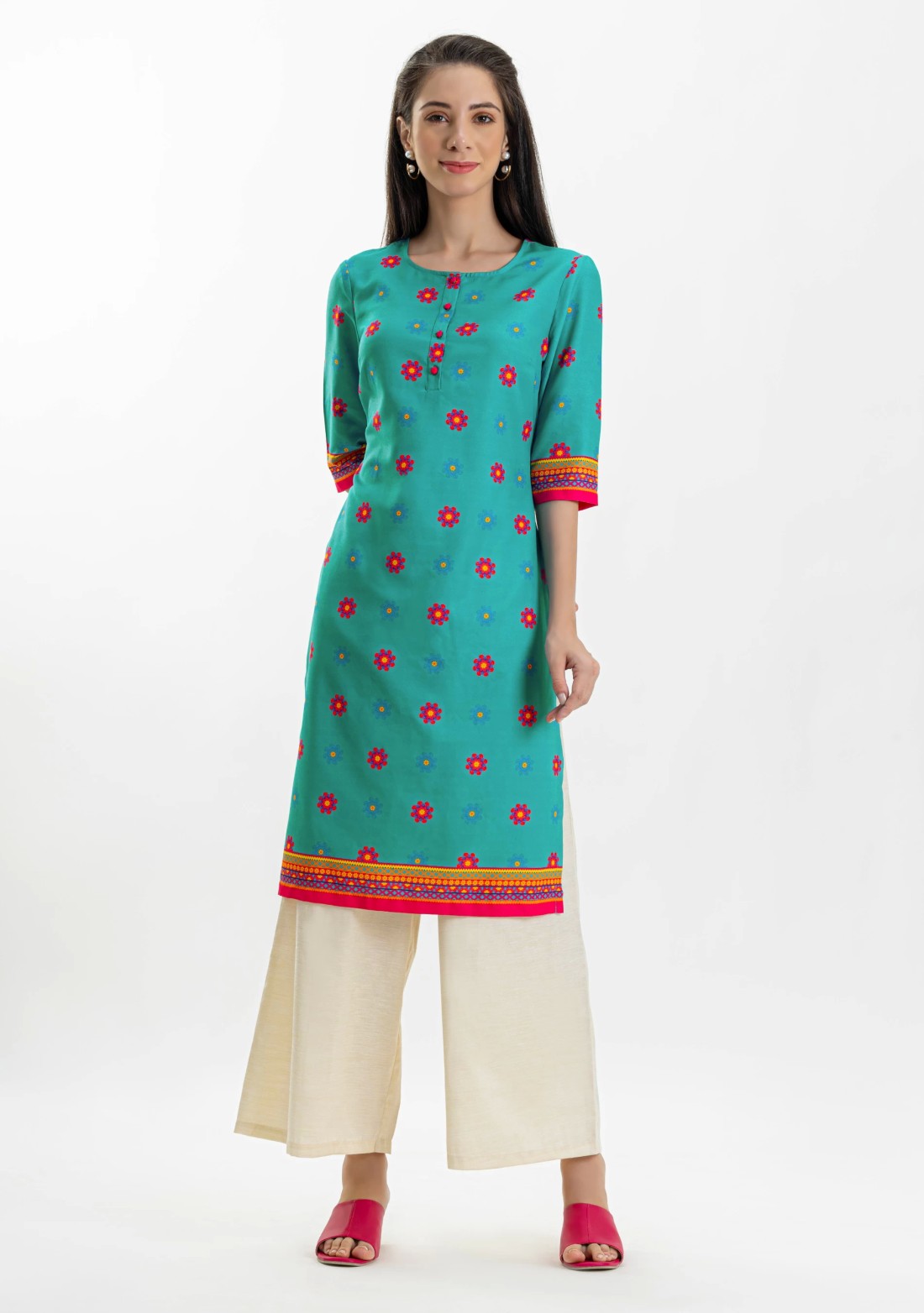 Turquoise Blue Ethnic Print Rayon Straight Kurti