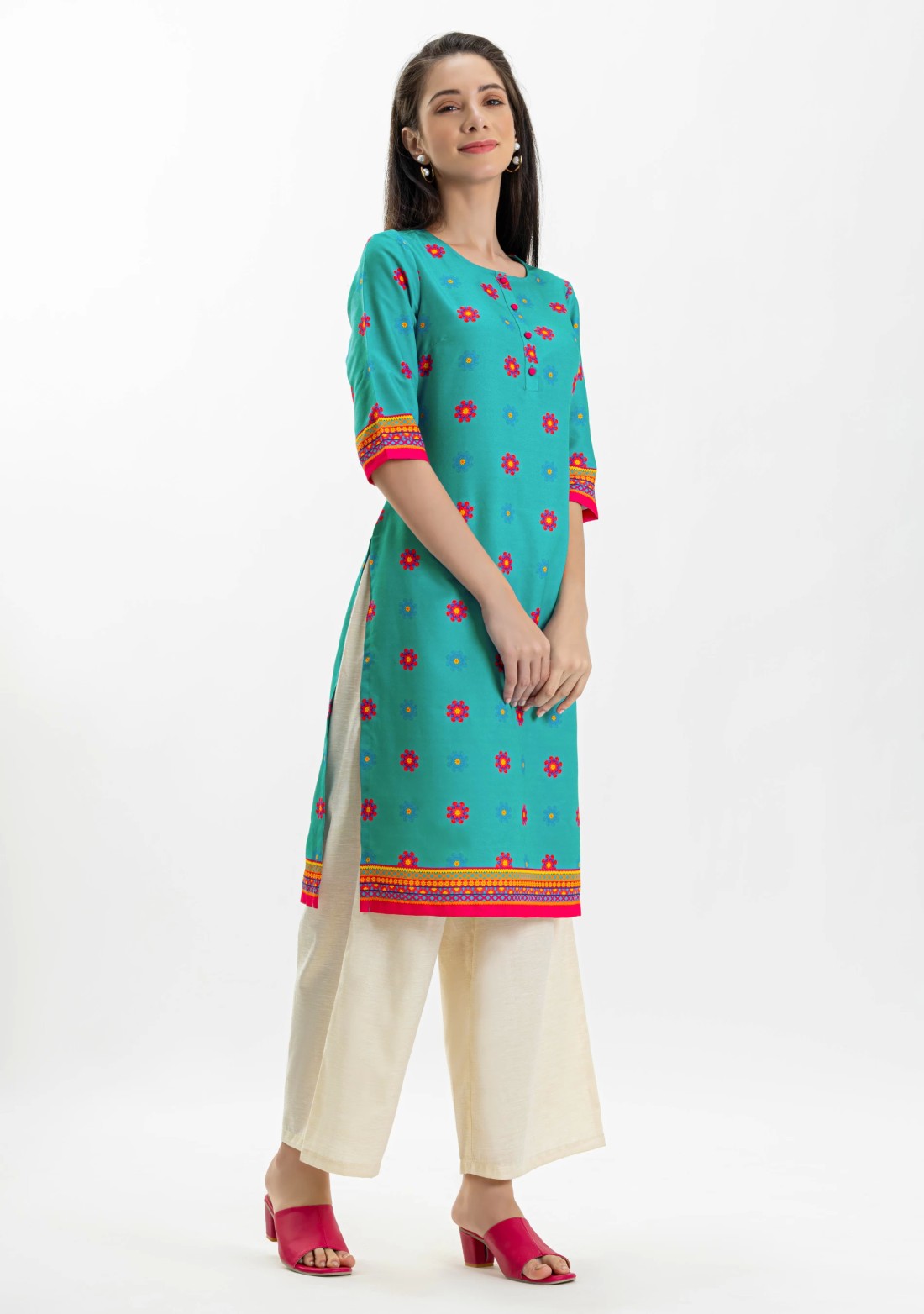 Turquoise Blue Ethnic Print Rayon Straight Kurti