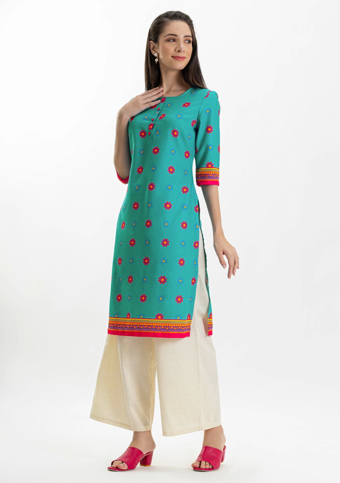 Turquoise Blue Ethnic Print Rayon Straight Kurti