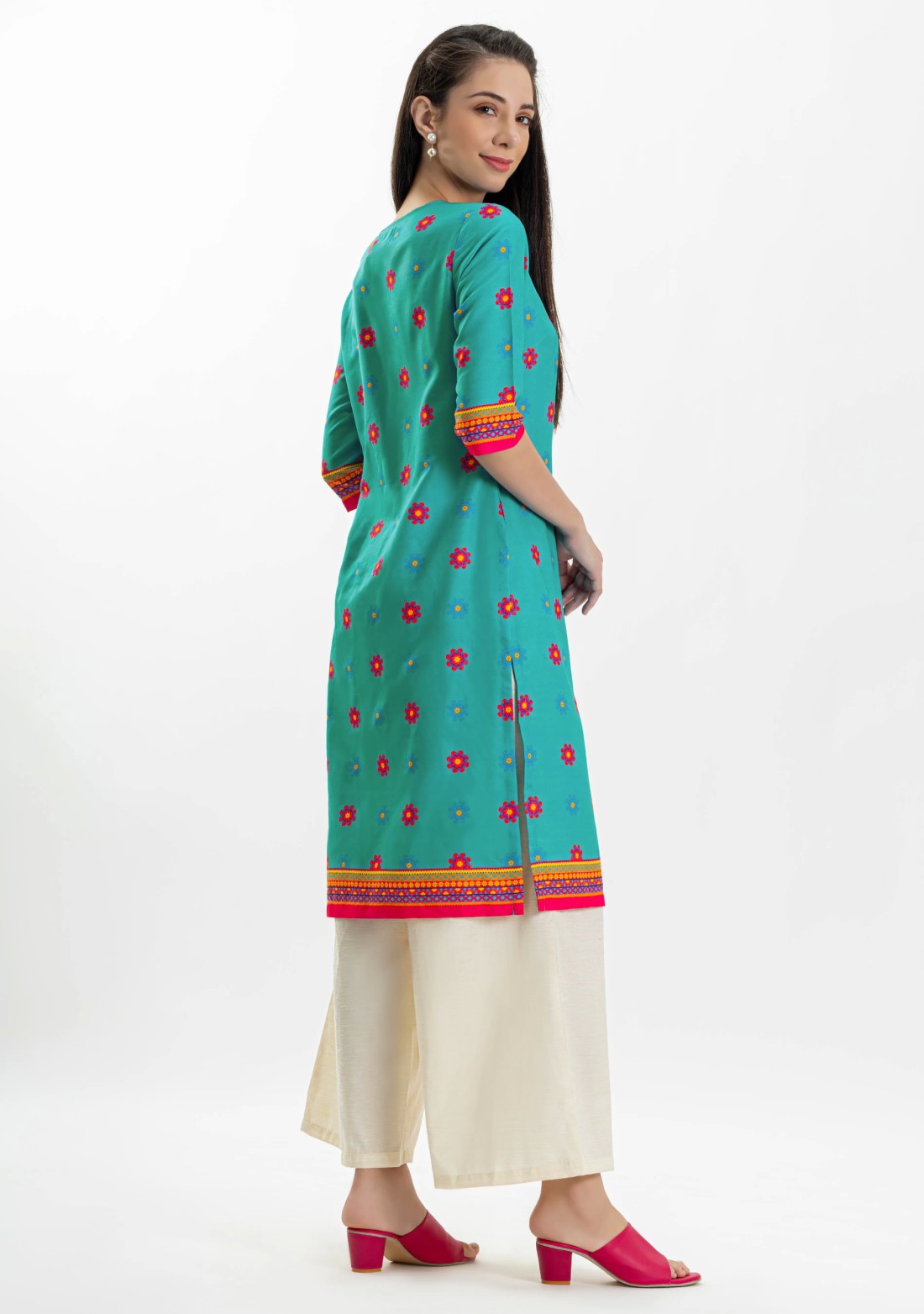 Turquoise Blue Ethnic Print Rayon Straight Kurti